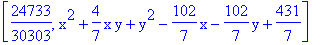 [24733/30303, x^2+4/7*x*y+y^2-102/7*x-102/7*y+431/7]